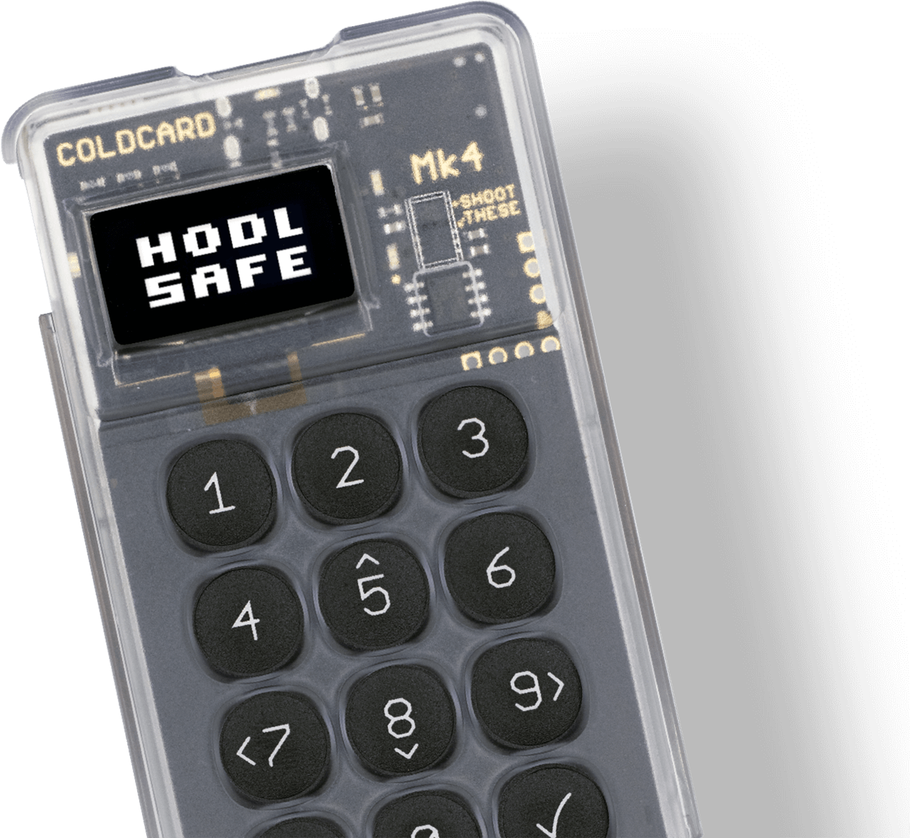 The COLDCARD Mk4 in a clear case.